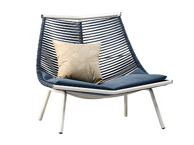 Modern Rattan Outdoor Chair with White Metal Frame Beige Cushion and Dark Blue Seat 3d model