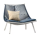 Modern Rattan Outdoor Chair with White Metal Frame Beige Cushion and Dark Blue Seat