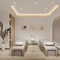 Elegant SPA Sauna Interior Design With Massage Beds Stools Decorative Paintings Soft Lighting And Wooden Floor
