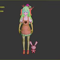 Game Anime Character With Blonde Hair Red Bow Pink Apron And Purple Rabbit Doll