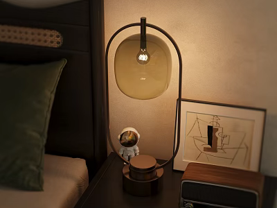 Bedside Table With Table Lamp Astronaut Figurine Framed Art And Vintage Radio 3d model
