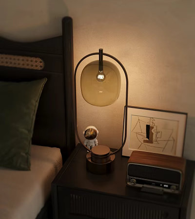 Bedside Table With Table Lamp Astronaut Figurine Framed Art And Vintage Radio 3d model