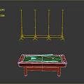 Red Frame Pool Table With Green Felt Surface And Gold Pendant Lights Hanging Above