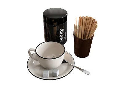 Tableware Set With Cup Saucer Spoon Sugar Cubes Wooden Sticks And Black Canister 3d model