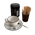 Tableware Set With Cup Saucer Spoon Sugar Cubes Wooden Sticks And Black Canister