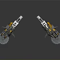 Chainsaw Weapon with Yellow Silver Parts and Serrated Blades on Gray Reflective Background