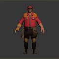 Cartoon Worker Character In Red And Orange Uniform With Hat And Tools