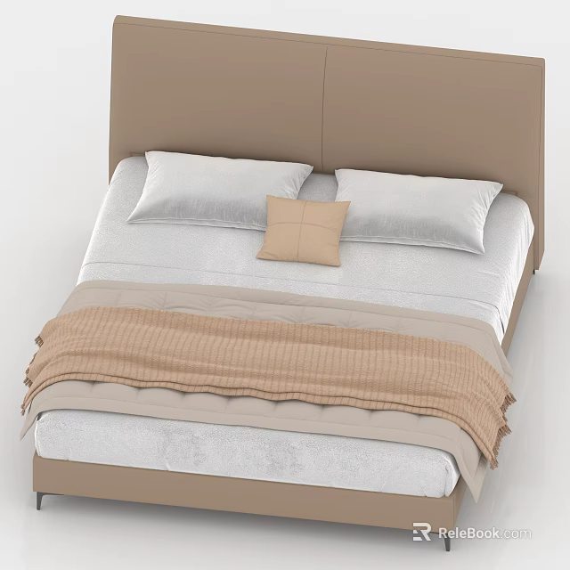 Modern Double Bed With Brown Headboard White Pillows And Light Brown Blanket 3d model 
