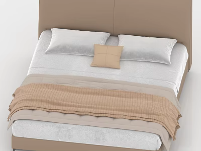 Modern Double Bed With Brown Headboard White Pillows And Light Brown Blanket 3d model