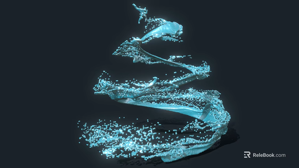 Dynamic Blue Fluid 3D Model With Curved Shape And Splash Particles On Dark Background 3d model 