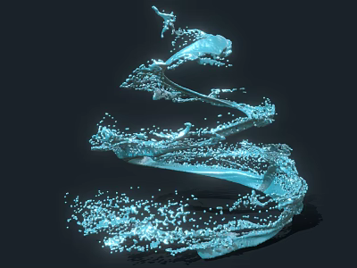 Dynamic Blue Fluid 3D Model With Curved Shape And Splash Particles On Dark Background 3d model