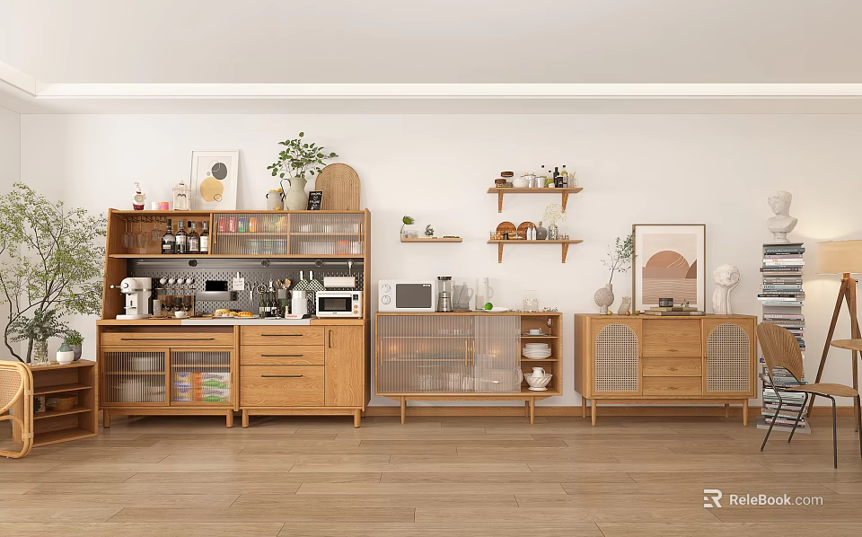 Modern Wooden Sideboard With Open Storage Shelves Potted Plants And Microwave In Living Space 3d model 