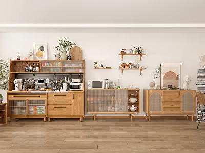 Modern Wooden Sideboard With Open Storage Shelves Potted Plants And Microwave In Living Space 3d model