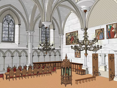 Ancient Gothic Architecture Interior With Arched Ceilings Stained Glass Windows Chandeliers And Wooden Benches Murals 3d model