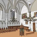 Ancient Gothic Architecture Interior With Arched Ceilings Stained Glass Windows Chandeliers And Wooden Benches Murals