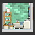 Colorful Bathroom Interior With Green Brick Wall Yellow Ladder Shelf Round Mirror And Blue Tiles