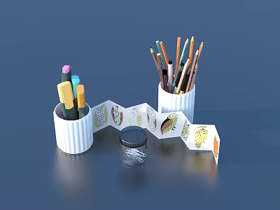 Desk Organizer Set With Colored Pens Folded Paper Strips And Small Glass Jar 3d model