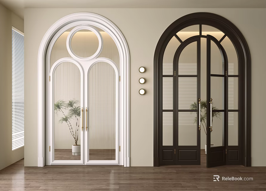 Elegant Arched Double Doors In White And Dark Brown With Glass Panes And Potted Plants 3d model 
