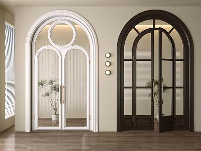 Elegant Arched Double Doors In White And Dark Brown With Glass Panes And Potted Plants 3d model
