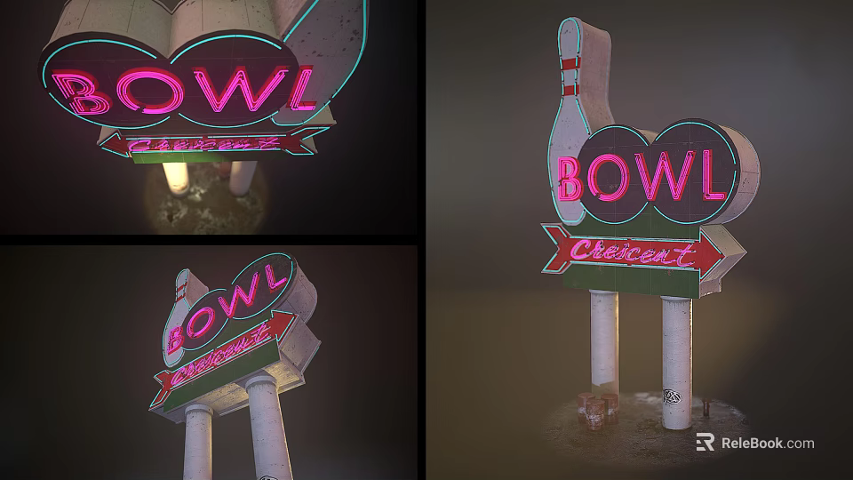 Vintage Neon Decorative Lights For Bowl Cricket Sign With Poles And Illuminated Design 3d model 