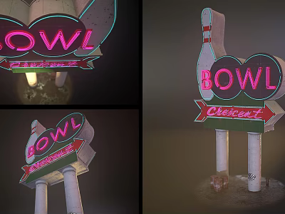 Vintage Neon Decorative Lights For Bowl Cricket Sign With Poles And Illuminated Design 3d model