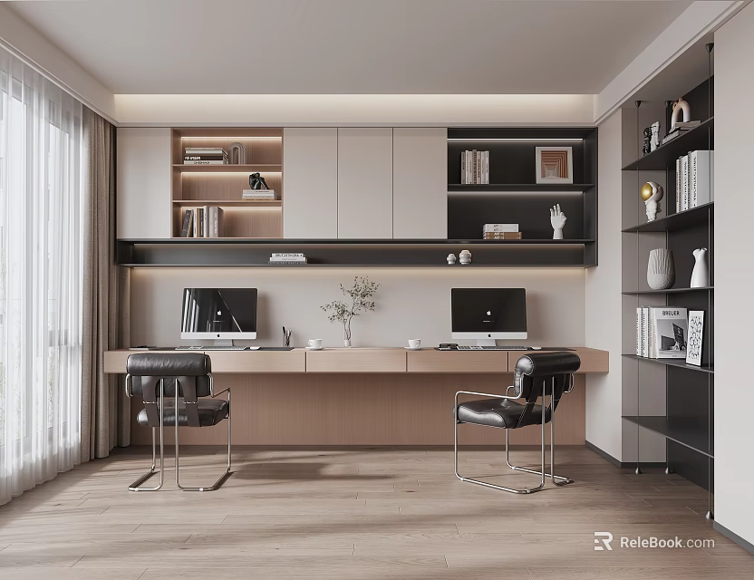 Modern Study Room Interior Design With Writing Desk Comfortable Chairs And Open Shelves 3d model 