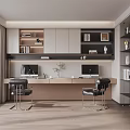 Modern Study Room Interior Design With Writing Desk Comfortable Chairs And Open Shelves