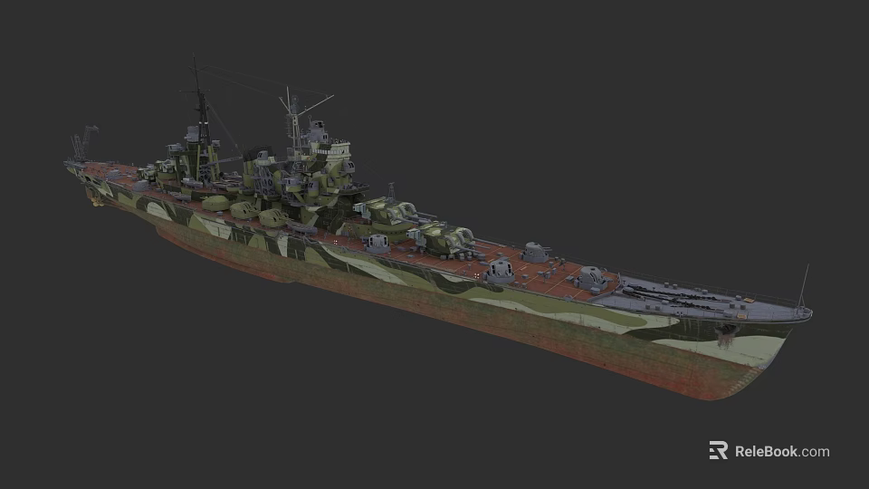 Detailed Military Battleship With Camouflage Paint Turret Superstructure And 3D Model On Dark Background 3d model 