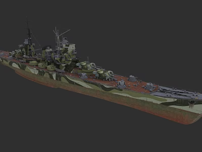 Detailed Military Battleship With Camouflage Paint Turret Superstructure And 3D Model On Dark Background 3d model