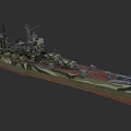 Detailed Military Battleship With Camouflage Paint Turret Superstructure And 3D Model On Dark Background