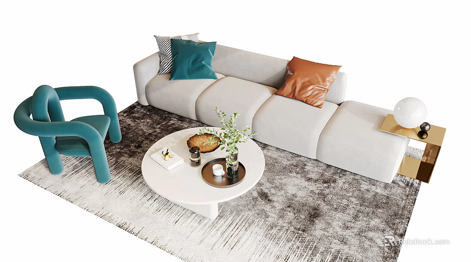 Light Gray Modern Sofa With Colorful Pillows And Round White Coffee Table On Patterned Rug 3d model