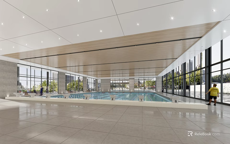 Modern Indoor Swimming Pool Facility With Large Windows And Tiled Floor 3d model 