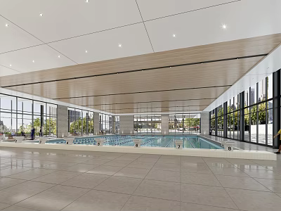 Modern Indoor Swimming Pool Facility With Large Windows And Tiled Floor 3d model