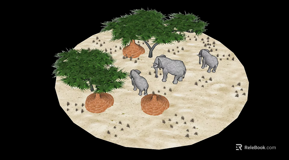 Reptile Natural Habitat In Savanna With Trees Mounds Elephants And Sand 3d model 
