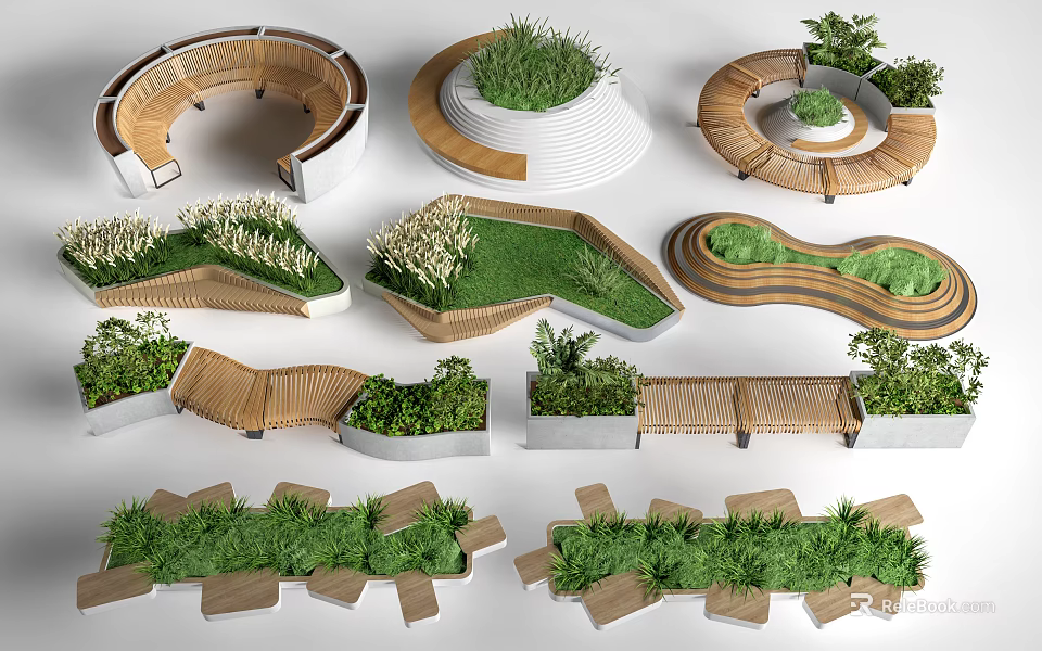 Creative Landscape Design Elements With Wooden And Concrete Structures And Green Plants 3d model 