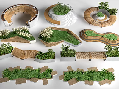 Creative Landscape Design Elements With Wooden And Concrete Structures And Green Plants 3d model