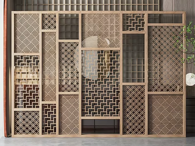 Chinese Style Interior Partition With Carved Wooden Frame And Geometric Patterns 3d model