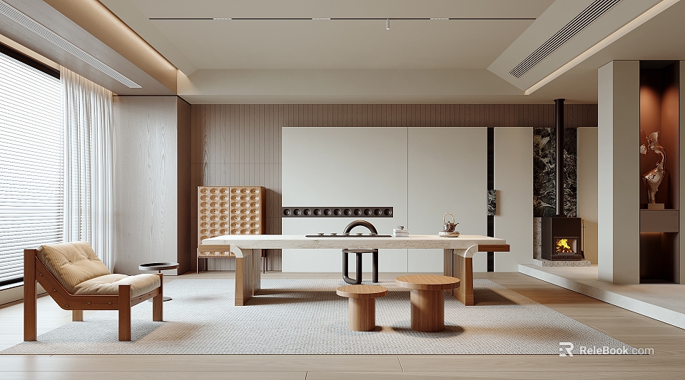 Modern Tea Room Interior Design With Wooden Long Table Low Stools And Fireplace 3d model 