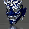 Intricate Blue Mask With Silver Horns Fangs Earrings And Decorative Patterns