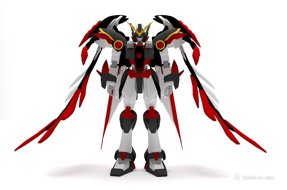 Striking Mecha Robot With Black Red White Armor Yellow Head And Red White Wings 3d model 