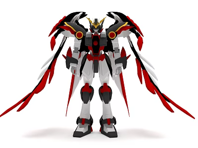 Striking Mecha Robot With Black Red White Armor Yellow Head And Red White Wings 3d model