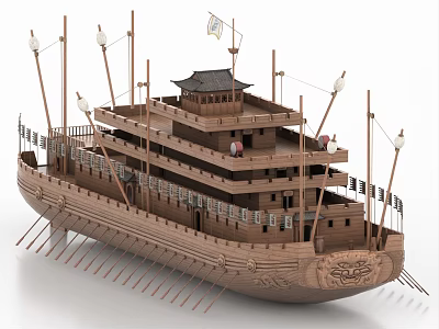 Traditional Wooden Ship Model With Multiple Decks Decorative Flags And Pagoda Style Roof 3d model