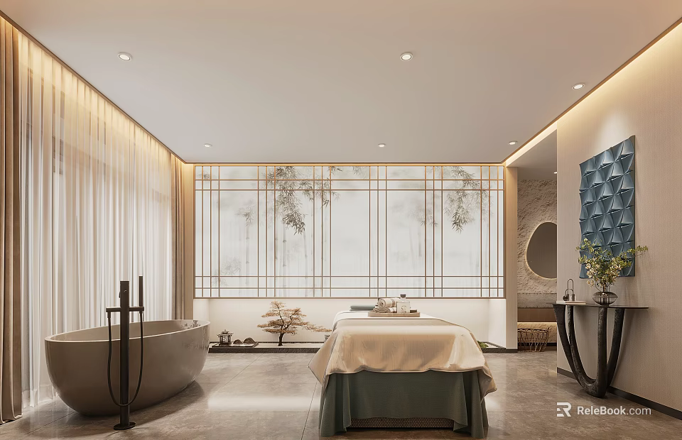 Elegant Luxury Spa Room Interior With Freestanding Bathtub Massage Table And Marble Wall 3d model 