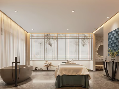Elegant Luxury Spa Room Interior With Freestanding Bathtub Massage Table And Marble Wall 3d model