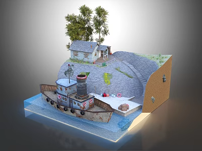 Cartoon Scene Featuring Old Boat With Chimney Small House Trees Tunnel Water And Grass 3d model