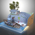 Cartoon Scene Featuring Old Boat With Chimney Small House Trees Tunnel Water And Grass