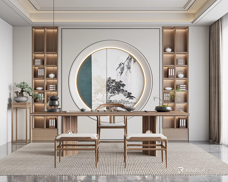 Modern Chinese Tea Room Interior With Circular Painting Wooden Shelves And Tea Table 3d model 