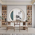 Modern Chinese Tea Room Interior With Circular Painting Wooden Shelves And Tea Table