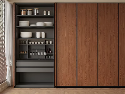 Modern Wooden Sideboard with Open Shelves Grey Drawers and Tableware Storage 3d model