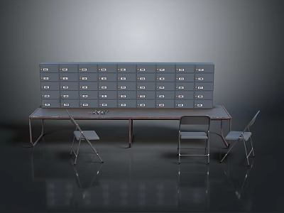 Metal Lockers With Labeled Drawers And Long Table With Folding Chairs In Gray Background 3d model